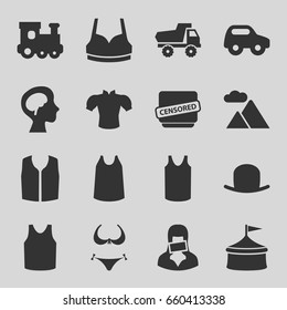 Set of 16 top filled icons such as toy car, train toy, hat, bikini, sport bra, singlet, blouse, sleeveless shirt