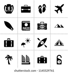 Set of 16 tourism filled icons such as passport, money case, palm, plane, case, beach umbrella, boat, dont disturb door, briefcase, mountain, suitcase, hotel, tent, backpack