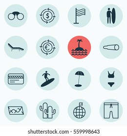 Set Of 16 Tourism Icons. Includes Money Recycle, Cacti, Route And Other Symbols. Beautiful Design Elements.