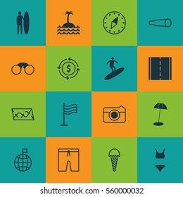 Set Of 16 Tourism Icons. Includes Surf-Board, Pin, Frozen Food And Other Symbols. Beautiful Design Elements.