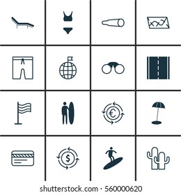 Set Of 16 Tourism Icons. Includes Photo Camera, Money Recycle, Surf-Board And Other Symbols. Beautiful Design Elements.