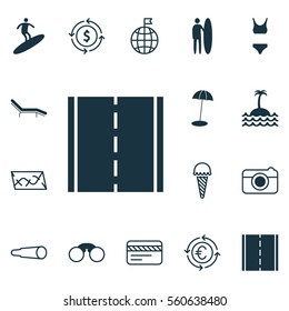 Set Of 16 Tourism Icons. Includes Coast Parasol, Route, Photo Camera And Other Symbols. Beautiful Design Elements.