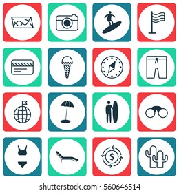 Set Of 16 Tourism Icons. Includes Pin, Route, Boardsports And Other Symbols. Beautiful Design Elements.