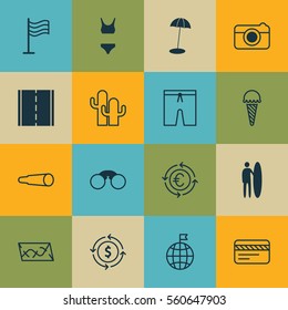 Set Of 16 Tourism Icons. Includes Currency Recycle, Coast Parasol, Bathing Costume And Other Symbols. Beautiful Design Elements.
