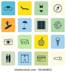 Set Of 16 Tourism Icons. Includes Route, Travel Direction, Pair Of Glasses And Other Symbols. Beautiful Design Elements.