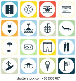 Set Of 16 Tourism Icons. Includes Pair Of Glasses, Swimming Clothes, Coast Parasol And Other Symbols. Beautiful Design Elements.