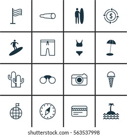 Set Of 16 Tourism Icons. Includes Street, Pair Of Glasses, Cacti And Other Symbols. Beautiful Design Elements.