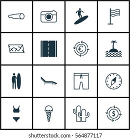 Set Of 16 Tourism Icons. Includes Cardinal Direction, Reef, Surf-Board And Other Symbols. Beautiful Design Elements.