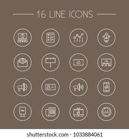 Set of 16 trade icons line style set. Collection of tv, newspaper, campaign and other elements.