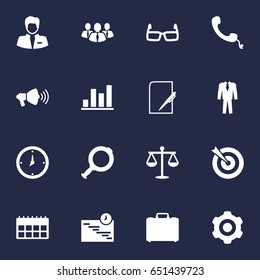Set Of 16 Trade Icons Set.Collection Of Loupe, Mechanism, Suitcase And Other Elements.