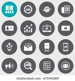 Set Of 16 Trade Icons Set.Collection Of Auditorium, Customer Summary, Ads And Other Elements.