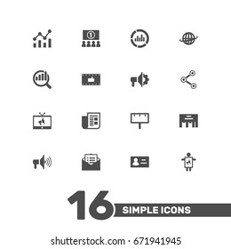 Set Of 16 Trade Icons Set.Collection Of Inbox, World, Statistics And Other Elements.