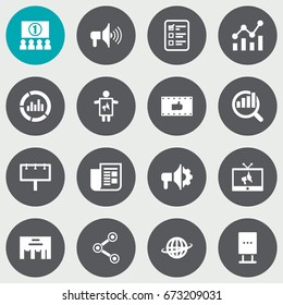 Set Of 16 Trade Icons Set.Collection Of Bullhorn, Customer Summary, Journal And Other Elements.