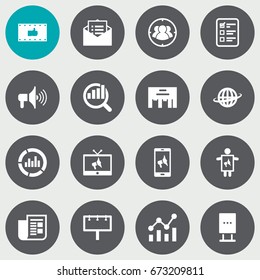 Set Of 16 Trade Icons Set.Collection Of Customer Summary, Billboard, Placard And Other Elements.