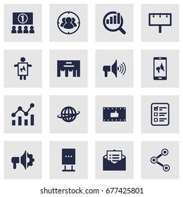Set Of 16 Trade Icons Set.Collection Of Message, Placard, Application And Other Elements.