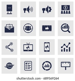 Set Of 16 Trade Icons Set.Collection Of Bullhorn, Like, Statistics And Other Elements.