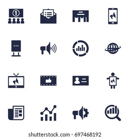 Set Of 16 Trade Icons Set.Collection Of Statistics, Man With Banner, Inbox And Other Elements.