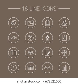 Set Of 16 Trade Outline Icons Set.Collection Of Portfolio, Clock, Team And Other Elements.