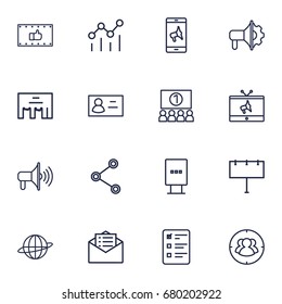 Set Of 16 Trade Outline Icons Set.Collection Of Target, Stand, Email Promotion Elements.
