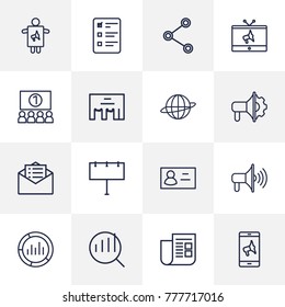 Set Of 16 Trade Outline Icons Set.Collection Of Client Brief, Brand Awareness, Business Card Elements.