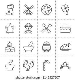 Set of 16 traditional outline icons such as medical bowl, windmill, banner, church, cake, clover, turkey, easter egg, gingerbread, chicken, candy cane, st patrick's day boot