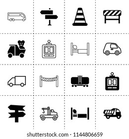 Set of 16 traffic filled and outline icons such as cistern, cone barrier, road barrier, tipper, teddy bear in truck, signpost, funicular, bed, tow truck, truck, car