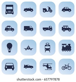 Set Of 16 Traffic Icons Set.Collection Of Bicycle, Taxicab, Wagon And Other Elements.