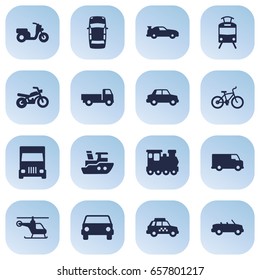 Set Of 16 Traffic Icons Set.Collection Of Copter, Panorama, Motorbike And Other Elements.