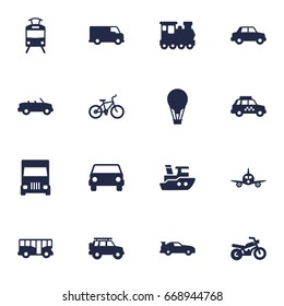 Set Of 16 Traffic Icons Set.Collection Of Motorbike, Aircraft, Hatchback And Other Elements.