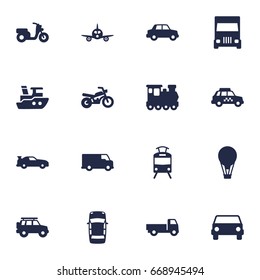 Set Of 16 Traffic Icons Set.Collection Of Caravan, Scooter, Motorbike And Other Elements.