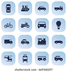 Set Of 16 Traffic Icons Set.Collection Of Panorama, Wagon, Taxicab And Other Elements.