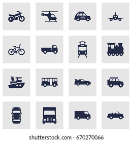 Set Of 16 Traffic Icons Set.Collection Of Lorry, Cabriolet, Truck And Other Elements.