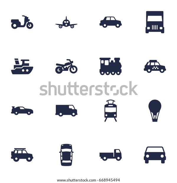 Set Of 16 Traffic Icons\
Set.Collection Of Caravan, Scooter, Motorbike And Other\
Elements.
