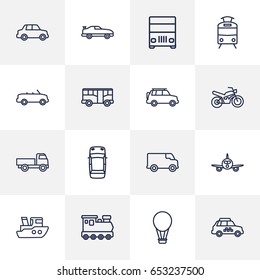 Set Of 16 Traffic Outline Icons Set.Collection Of Motorcycle, Coupe, Car And Other Elements.