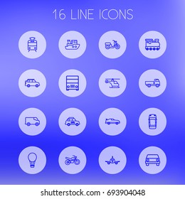 Set Of 16 Traffic Outline Icons Set.Collection Of Moped, Van, Helicopter And Other Elements.