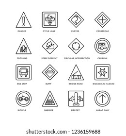Set Of 16 Traffic signs linear icons such as Ahead only, Airport, Barrier, Bicycle, Biological hazard, Danger, Crossing, Bus stop, circular intersection, editable stroke icon pack, pixel perfect