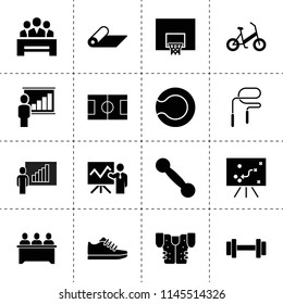 Set of 16 training filled icons such as lecturer, classroom, lesson, tennis ball, barbell, american football jacket, dumbbell, football plan, trainer, basketball, soccer pitch