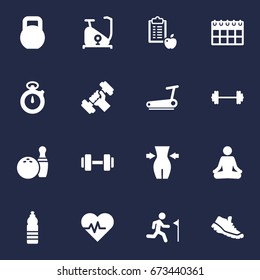 Set Of 16 Training Icons Set.Collection Of Running, Meditate, Sneakers And Other Elements.