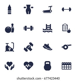 Set Of 16 Training Icons Set.Collection Of Drink, Kegling, Treadmill And Other Elements.