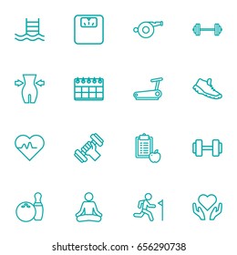 Set Of 16 Training Outline Icons Set.Collection Of Barbell, Pool, Running Track And Other Elements.