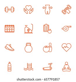 Set Of 16 Training Outline Icons Set.Collection Of Kettlebells, Bowling, Running Track And Other Elements.
