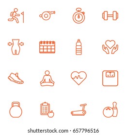 Set Of 16 Training Outline Icons Set.Collection Of Kettlebells, Water Bottle, Stopwatch And Other Elements.