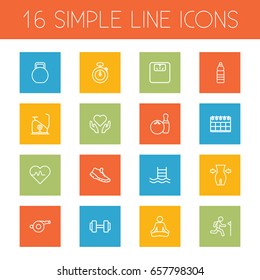 Set Of 16 Training Outline Icons Set.Collection Of Kettlebells, Scales, Dumbbell And Other Elements.
