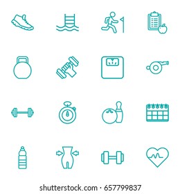 Set Of 16 Training Outline Icons Set.Collection Of Kettlebells, Pool, Bowling And Other Elements.