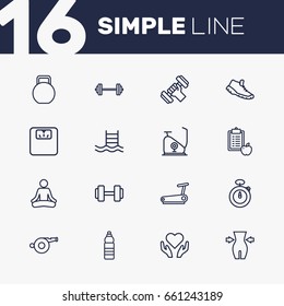 Set Of 16 Training Outline Icons Set.Collection Of Yoga, Stopwatch, Health Care And Other Elements.