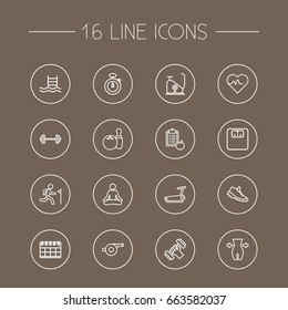 Set Of 16 Training Outline Icons Set.Collection Of Stopwatch, Barbell, Calendar And Other Elements.