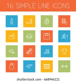 Set Of 16 Training Outline Icons Set.Collection Of Trekking Shoes, Scales, Whistle And Other Elements.