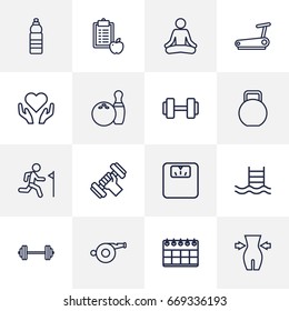 Set Of 16 Training Outline Icons Set.Collection Of Pool, Whistle, Diet And Other Elements.