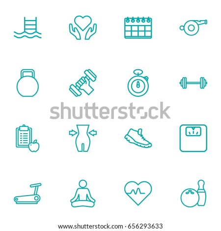 Set Of 16 Training Outline Icons Set.Collection Of Bowling, Diet, Trekking Shoes And Other Elements.