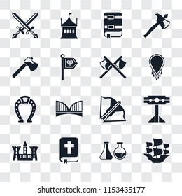 Set Of 16 transparent icons such as Caravel, Alchemy, Bible, Castle, Pillory, Swords, Axe, Horseshoe, Axes, transparency icon pack, pixel perfect
